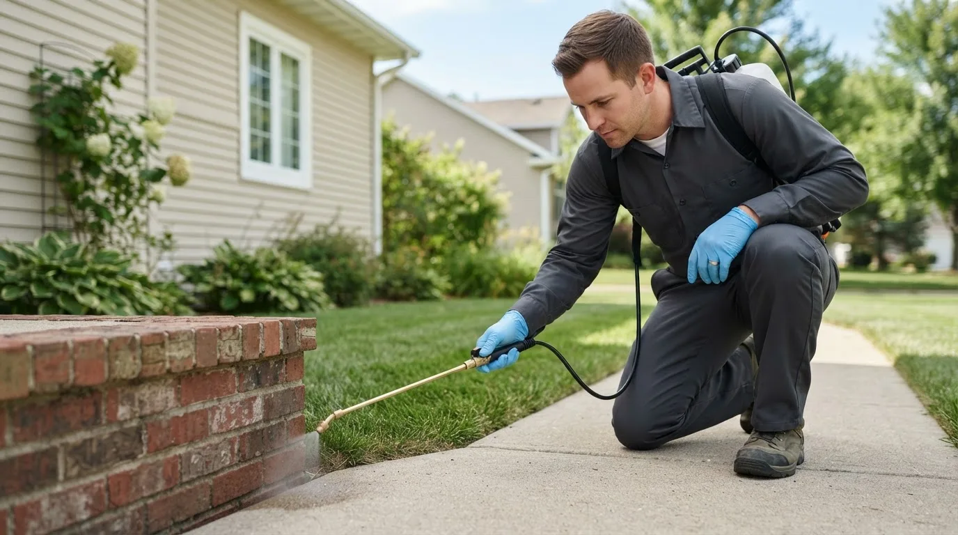 Pest control technician treating a home near Newhall, WV