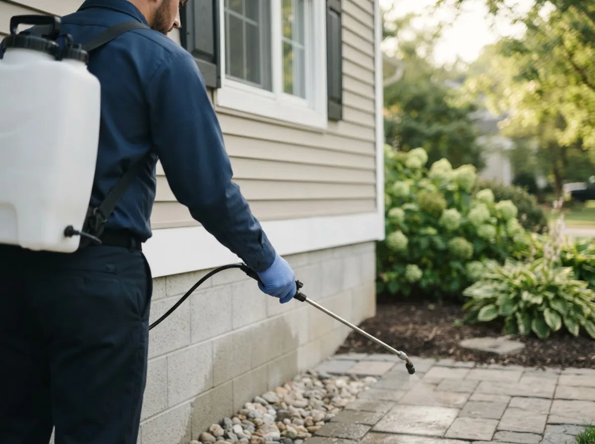 Pest control technician inspecting a home in Newhall, WV